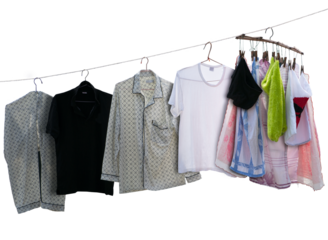 washed shirts and towels with coat hangers hanging to dry on clothesline, isolated, transparent png