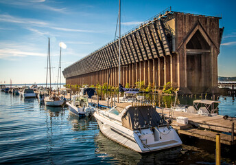 Marquette Michigan Boat Marina with old historical iron ore freighter loading dock