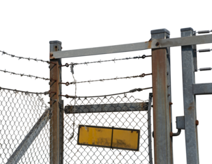 Metal rusty chain link fence and barbed wire