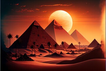 Fototapeta na wymiar Pyramids at sunset. Cairo. Egypt. Fantasy Egyptian landscape. Generative AI