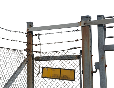 Metal rusty chain link fence and barbed wire