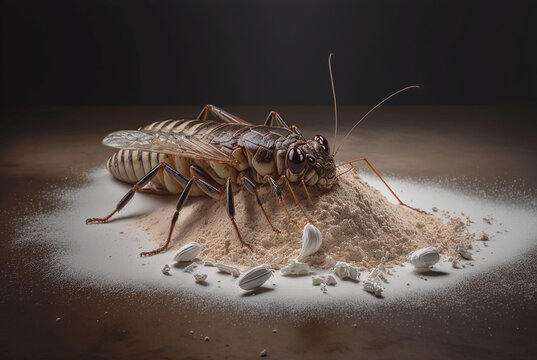 an abstract fictional grasshopper in flour, insects and beetles as food, food made from insects