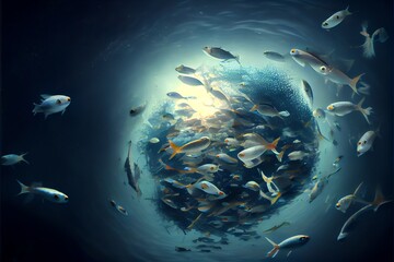 Fototapeta na wymiar a large number of little fish in the water. a fish colony. fishing. and an ocean nature scene. Generative AI