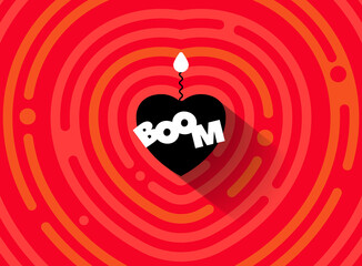 Exploding heart with a fuse and fire. Valentine's card in cartoon comic style. Text BOOM. Hot love illustration. Abstract red explosive circles, flat round shapes. Сoncentric heartbeat pattern banner