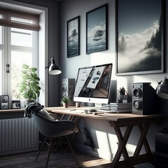 Modern and comfortable home office workspace interior design with computer on table