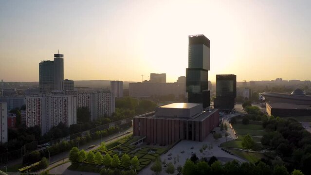 Katowice city in Poland, view with Polish National Radio Symphony Orchestra building and .KTW office block