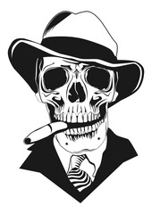 Front view of a skull with a hat and a cigar. Vector.