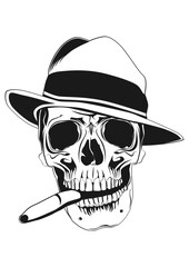 Front view of a skull with a hat and a cigar. Vector.