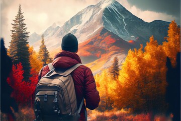 Man traveling takes a snapshot of a mountain scene in the fall. Generative AI