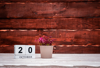 October calendar with number  20. Planner copy space on a wooden brown background. March number...