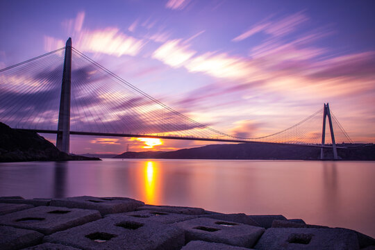 Yavuz Sultan Selim Bridge in Istanbul, Turkey. 3rd bridge of Istanbul Bosphorus with blue sky. Sunset view.