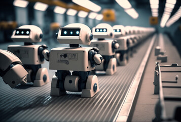 Obraz premium robots on a conveyor belt, robotic production of autonomous humanoid androids with artificial intelligence