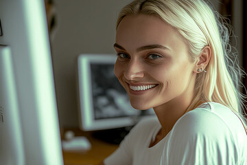 an adult blonde woman in a white shirt at home or in the office with a big smile of joy and fun