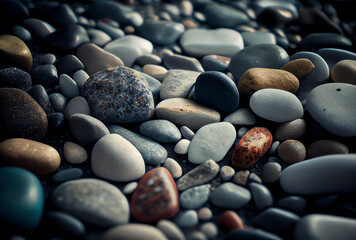 Fototapeta na wymiar close-up of stones on the beach, polished rocks, colorful web background, generative ai