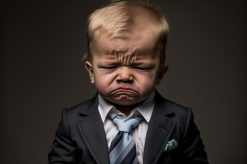 a sad crying bleating baby in a suit, little businessman in a bad mood