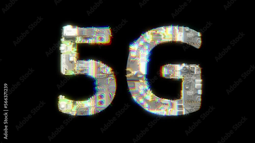 Poster glitch style cybernetic animated text 5g on black background, isolated - loop video
