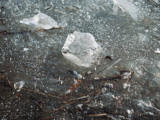 ice on the river. pieces of ice on a frozen river.