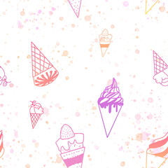 ice cream with cone in pastel colored background with watercolor splash seamless pattern
