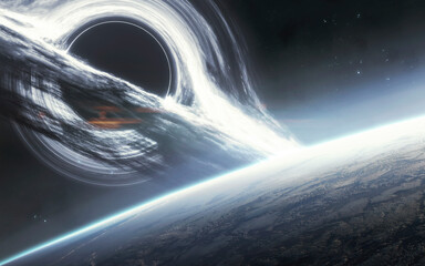 Naklejka na ściany i meble 3D illustration of Huge black hole warps space around. 5K realistic science fiction art. Elements of image provided by Nasa
