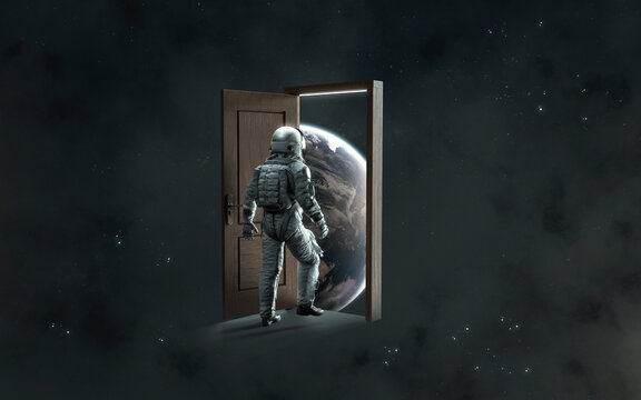 3D illustration of astronaut opens the door to space. 5K realistic science fiction art. Elements of image provided by Nasa