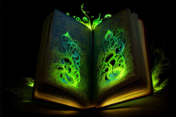 Magical bewitched book glowing in the darkness, generative AI