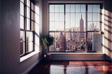 Empty apartment room with magnificent view to New York skyline, generative AI