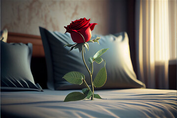 Red rose lying on a bed, ideal for valentines background, generative AI