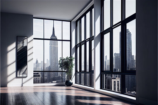 Empty apartment room with magnificent view to New York skyline, generative AI