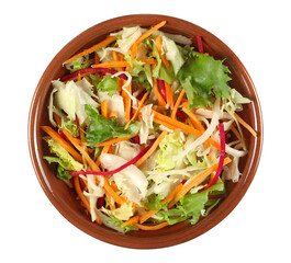 Fresh mix vegetable salad, chopped endive, carrot, cabbage and beets in bowl isolated on white, top view
