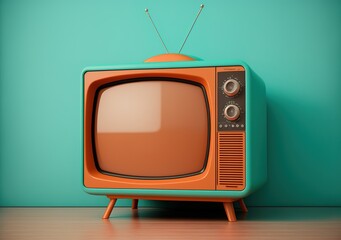 Retro Orange TV On Turquoise Background Generative AI