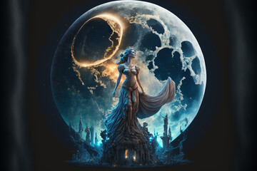 The goddess of the moon - Goddesses series - Moon goddess background wallpaper created with Generative AI technology - obrazy, fototapety, plakaty