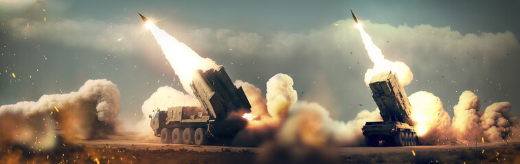 panoramic view of a generic military battalion defense system shooting missiles during a special operation, wide poster design with copy space area - obrazy, fototapety, plakaty