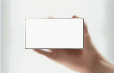 Obraz premium holding a fictional smart phone with rounded narrow edges, blurred hand in the background