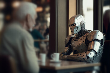an old man and his robot friend are sitting together in a cafe, friendship between man and machine