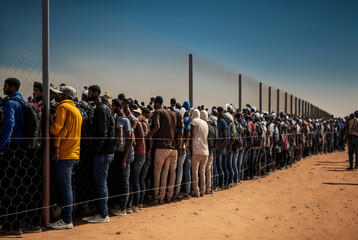 abstract fictional people at a high fence, at a fictional border or border crossing, refugees or immigrants standing in an endless queue or row along the fence
