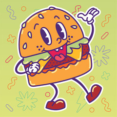 Isolated colored happy burger traditional cartoon character Vector illustration