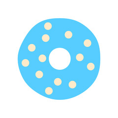 Flat blue donut decorated with circle sprinkles. Tasty baked unhealthy frosting dessert isolated on white background. Glazed doughnut top view art. Delicious junk food creative vector illustration.