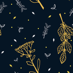 white an yellow floral branches with white leaves on dark blue ground with yellow dots seamless pattern