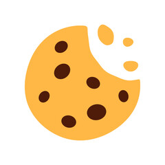 Chocolate chip cookie with crumb flat icon isolated on white background. Traditional baked treat symbol or logo. Homemade healthy meal design. Broken sweet snack. Oatmeal dessert vector illustration.