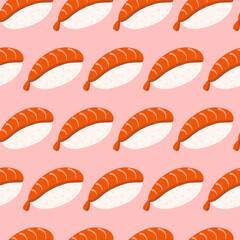 Seamless pattern with sushi and shrimp on a pink background