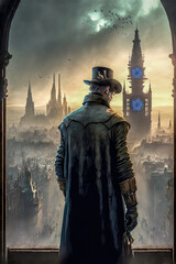 A Steampunk gentleman looking at cityscape of alien futuristic planet.  ai generated fine art composite 