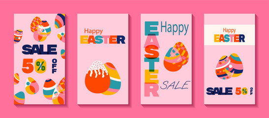Fototapeta premium Set of Happy Easter sale posters vector illustration. Four vertical background templates with eggs and bold typography. For social media posts, mobile apps, greeting cards