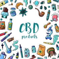 Vector hand drawn CBD infused products doodles background. Illustration with food, vaping products, skincare and medicines. Croissant, microscope, preroll and oil, flower, chocolate background