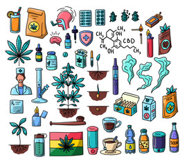 Vector hand drawn CBD infused products doodles set. Paper bag, drink, cannabis leaf, smoke, marijuana plant in soil and rasta flag illustration. Tea, milk, food and drink products isolated