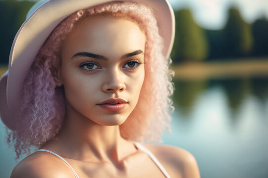 Young Woman Outdoors In Nature At A Lake, Pink Hair