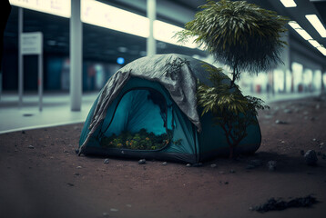 a tent in a building like or like a big shopping mall, deserted and overgrown with plants, deserted sleeping place - obrazy, fototapety, plakaty