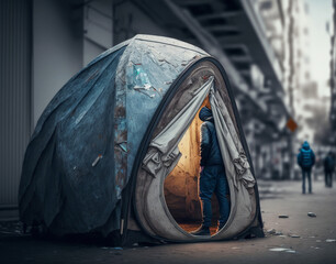 a tent on a street in a big city