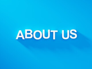 About us web page header white text word on blue background with soft shadow, web page banner information