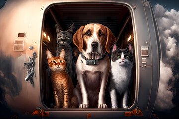 Happy traveler cat and dog in carrier cage transportation for airport and train transport. Concept banner animal travel. Generation AI