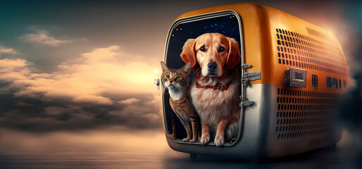 Happy traveler cat and dog in carrier cage transportation for airport and train transport. Concept banner animal travel. Generation AI